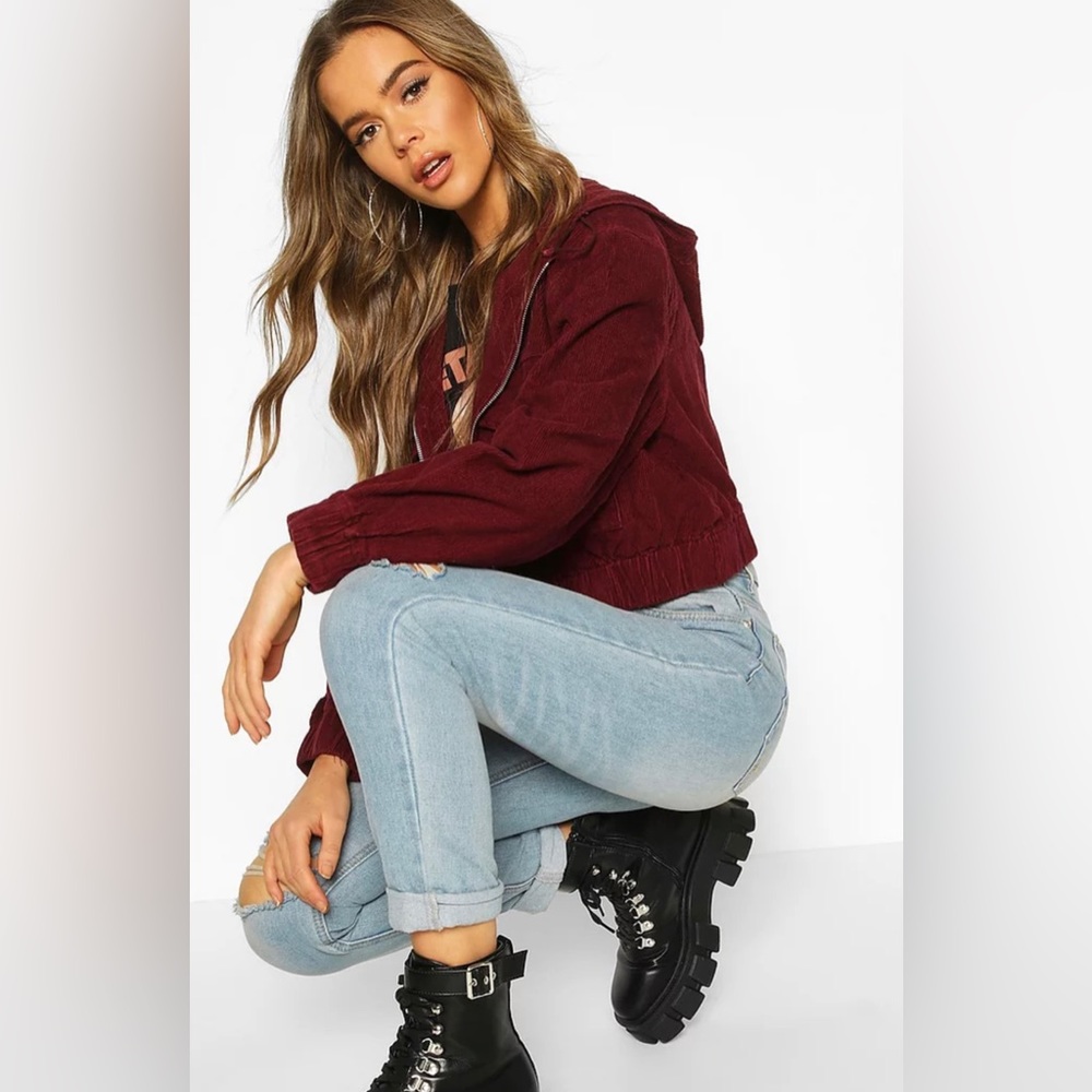 BOOHOO CORD HOODED CROPPED JACKET